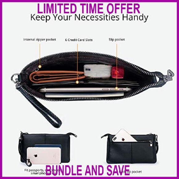 Genuine Leather Wristlet Clutch Crossbody Bag with Adjustable Strap